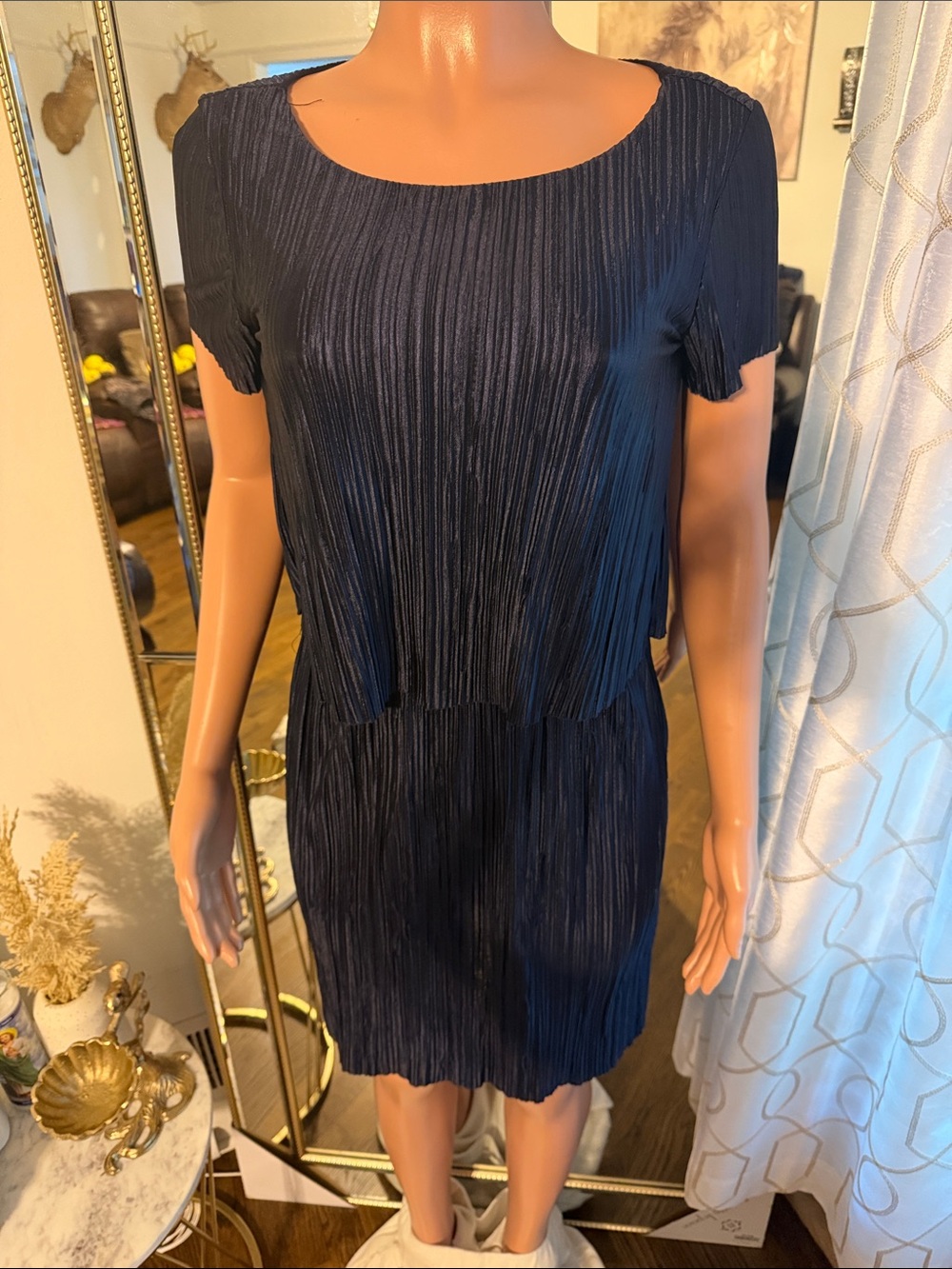 Tiana B. Navy Textured Pleated Mini Dress